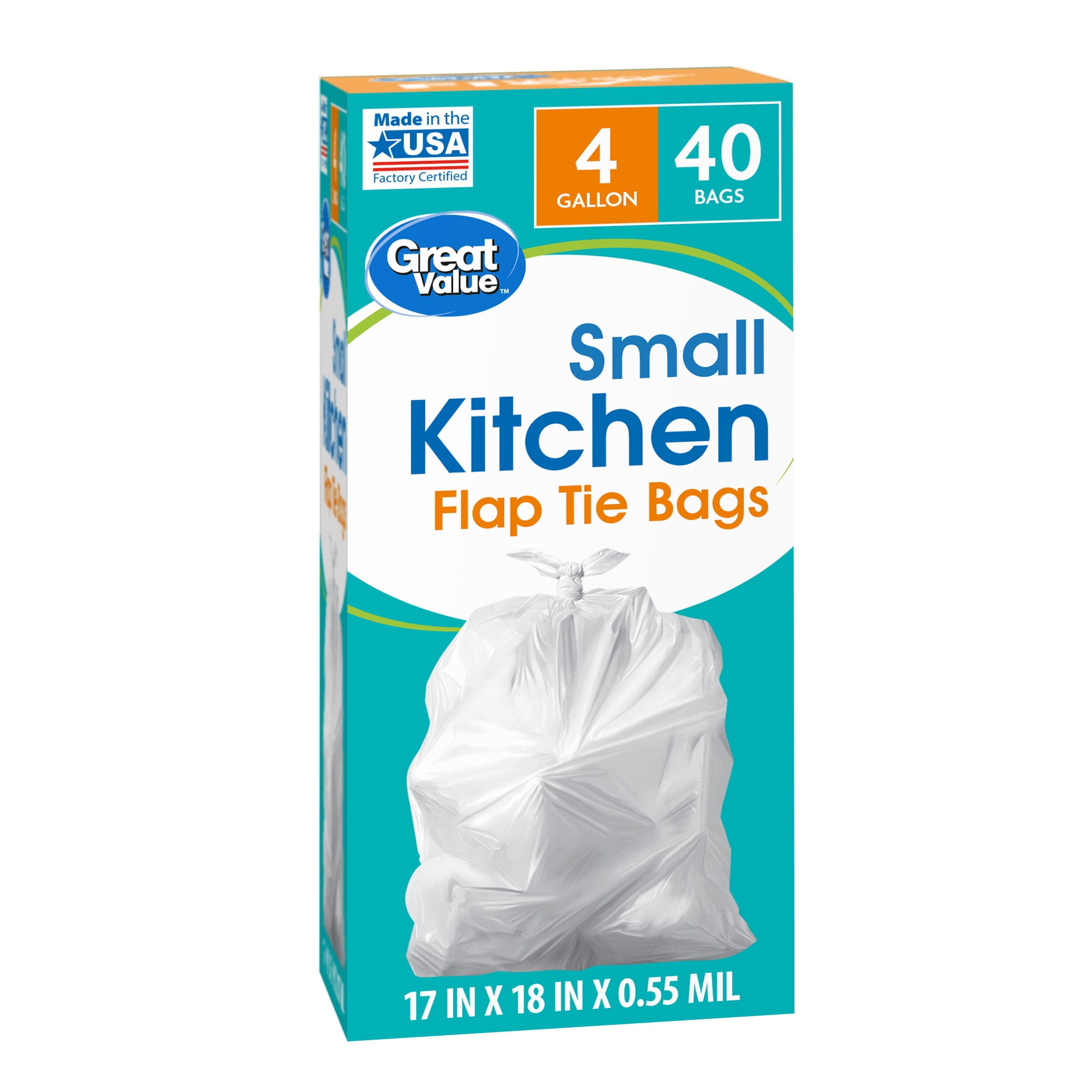 Great Value Small Kitchen Flap Tie Trash Bags, 4 Gallon, 40 Bags