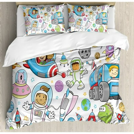 Ambesonne Outer Space Cute Deep Space Astronaut Aliens Rockets On