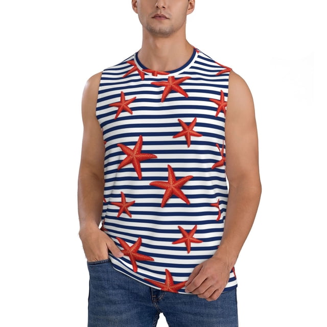 Fotbe Starfish Navy Blue Stripe Men's Camiseta sin Mangas Estampada para Hombres, Playera Casual para Gimnasio, Entrenamiento, Playa-Large