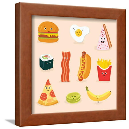 Face Icon Pizza Cake Scrambled Eggs Bacon Banana Burger Hot Dog Roll French Fries. Funny Food Carto Framed Print Wall Art By GoodStudio