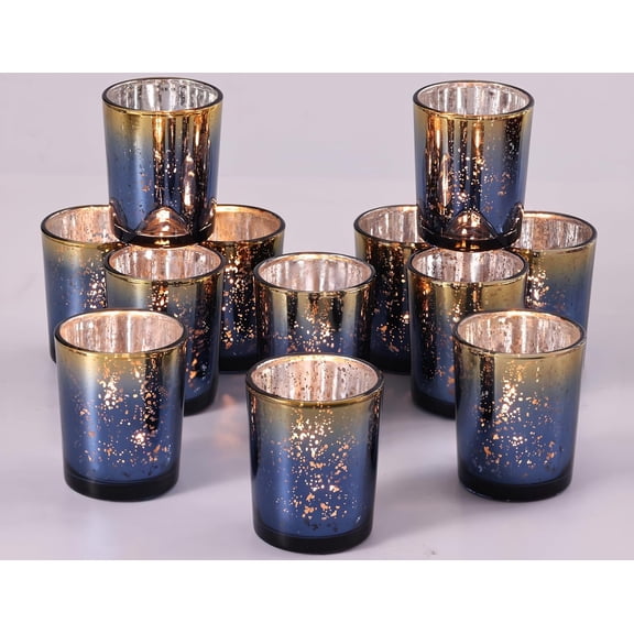 Navy Votive Candle Holders Set of 12, Speckles Mercury Glass Tealight Candle Holder Bulk for Table Wedding Centerpiece, Navy Blue and Gold Themed Party Decorative & Home Decor