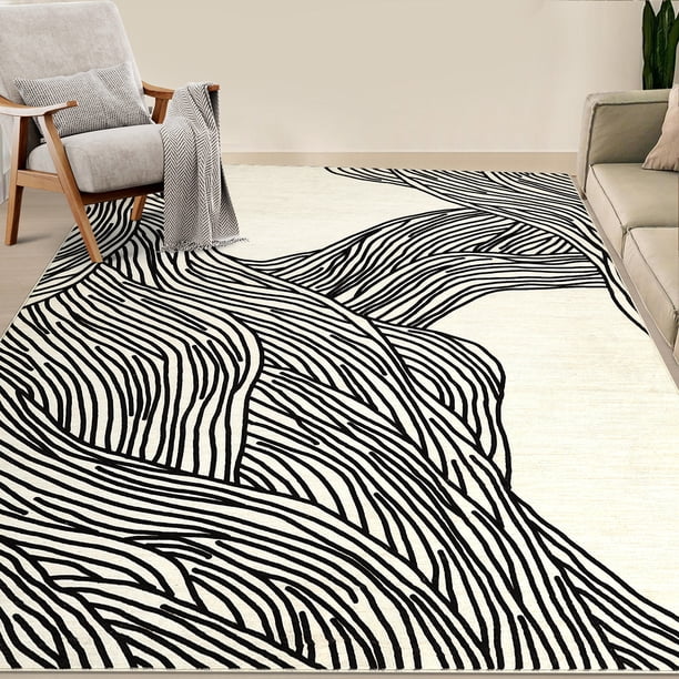 Yeshouse alfombra blanca y negra 5x7, lavable, antideslizante, ultra-delgada, diseño rayado, ideal para sala, dormitorio, oficina o cocina