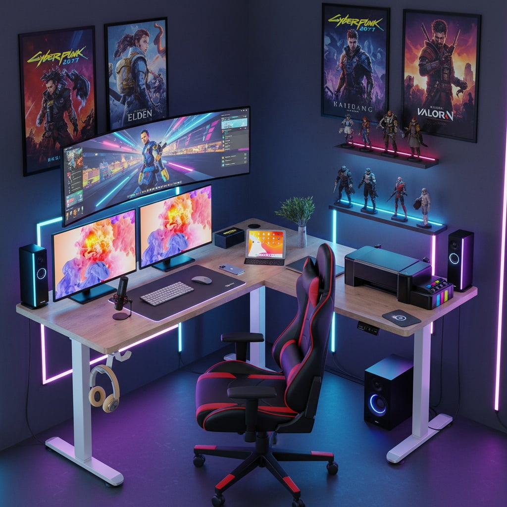 Legooin 63x55 inch L-Shaped Standing Desk Height Adjustable Sit-stand Desk Multi-Monitor Gaming Table Workstation for Home Office Oak