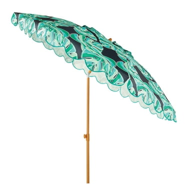 Mainstays 7.5' Resort Beach Umbrella with Tilt, Sand Anchor, Blue Monstera Color, Scallop flap, UV 50  Sun Protection, 94"