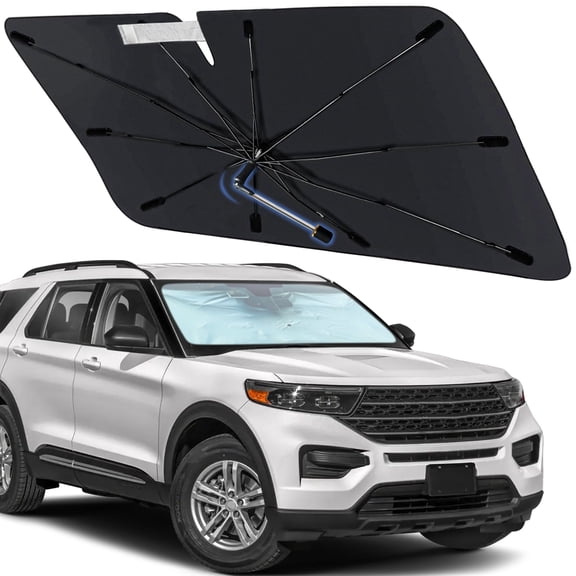 Windshield Sun Shade Umbrella for Ford Explorer 2020-2024, Foldable Car Sunshade for Front Window with 360° Rotating Shaft, Custom-Fit Parasol para Carro for UV Blocking & Heat Reduction