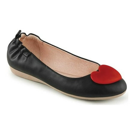 Round Toe Foldable Flats W/ Heart Adornment - Blk Faux Leather, 7