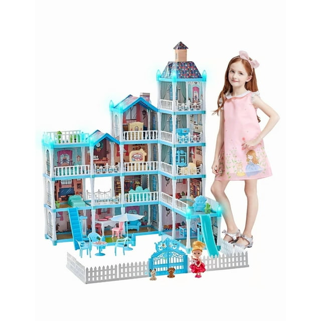 Xtellar Casa De Muñecas Bricolaje Castillo De Juguete Con Luces Celeste