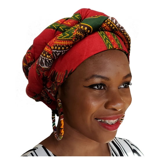 Red African Dashiki Print Ankara Modu Hat Pre-tied Head wrap