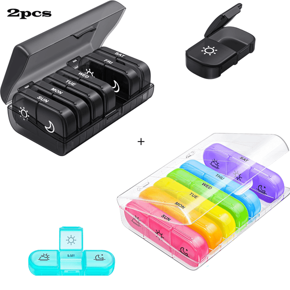 2 PCS XL Weekly Pill Organizer 2/3 Times a Day, Pill Box 7 Day with One-Side Large Openings for Easy to Use, Black Privacy Protection AM PM Pill Case for Medication, Vitamins, Fish Oils, Supplements