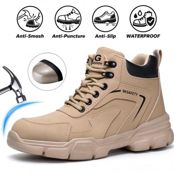 XQJ Men Steel Toe Work Boots Waterproof Anti-Puncture Construction Safety Boots