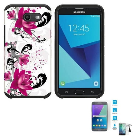 Phone Case for Verizon Samsung Galaxy J7 V, Straight Talk Samsung Galaxy J7 Sky Pro,  J7 Perx, j7 Prime, J7, Consumer J7 (2017) Tempered Glass with Cover (Hybrid Lily-Black TPU/ Tempered