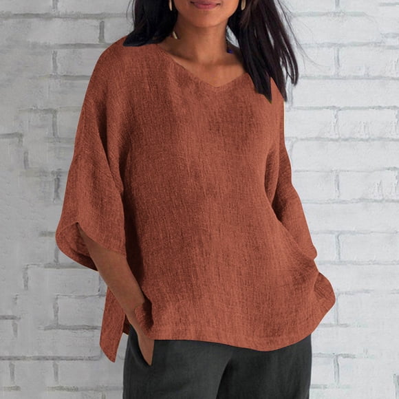 Sijiajgjfu 3/4 Length Sleeve Tops for Women Plus Size Casual Solid Color V Neck Loose Summer T Shirts Trendy Side Split Pullover Top