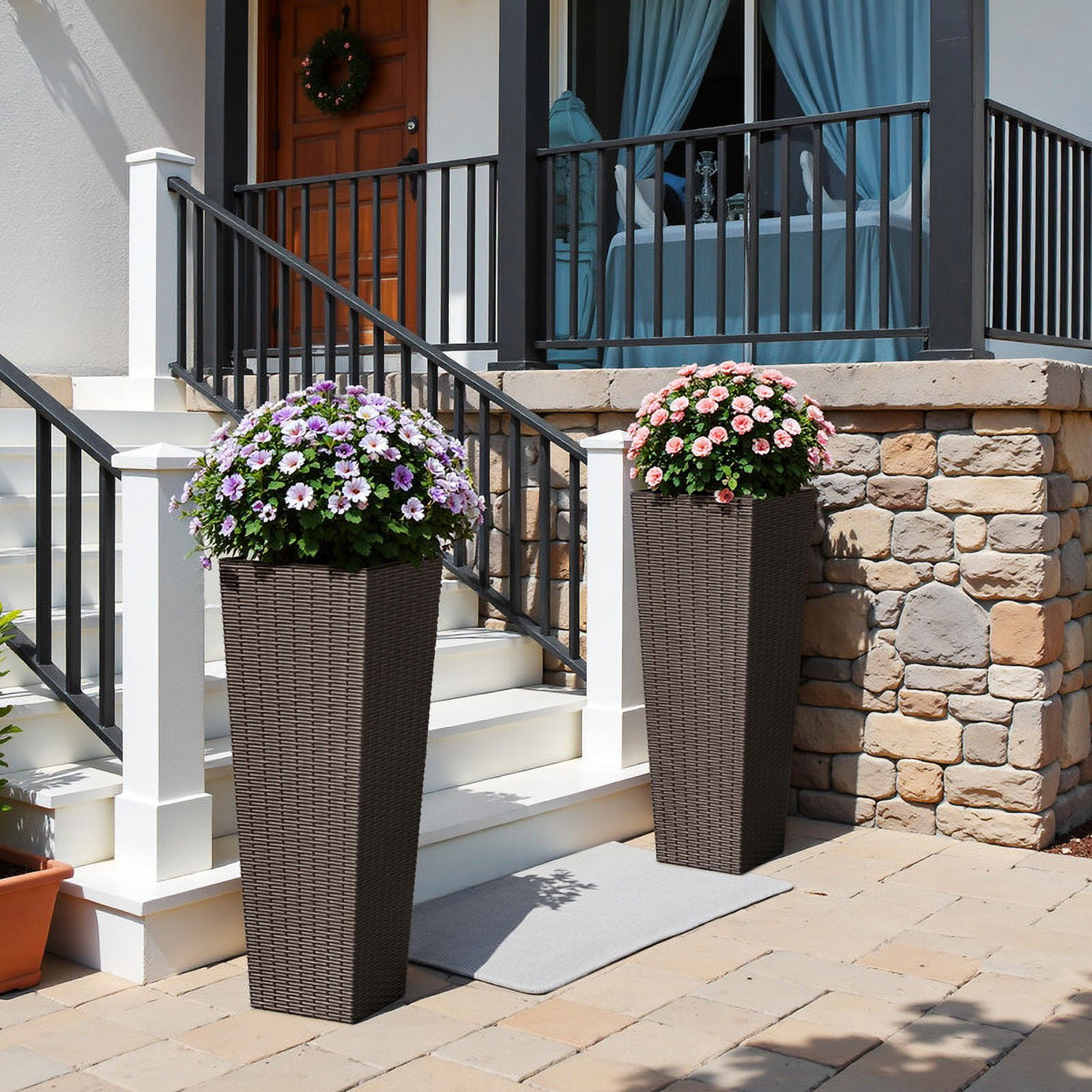 Homall 2-Pack 32" Tall Outdoor Plastic Planters with Inside Pots, Rattan - Patterned for Patio Decor