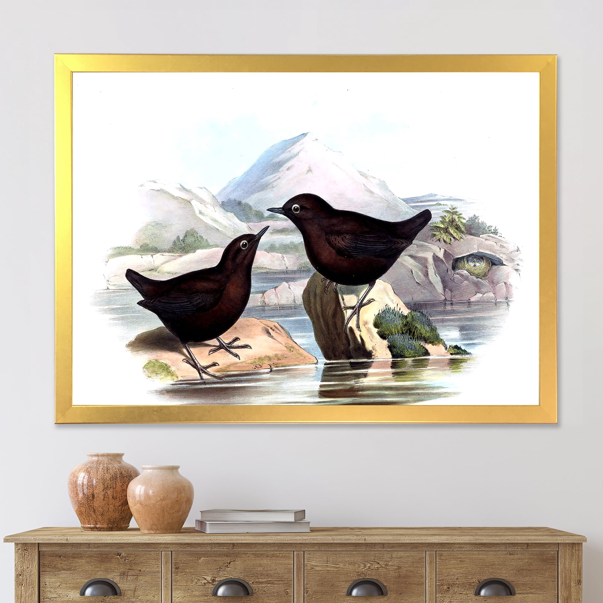 Designart 'Vintage Countryside Two Birds' Farmhouse Framed Art Print