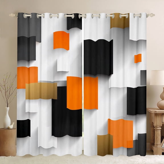 Manfei Geometric Square Black Out Curtains,Modern Abstract Curtains Pack of 2 (42x63 Each),Orange White Black Bedroom Curtains For Men Women,Super Cozy Room Decor