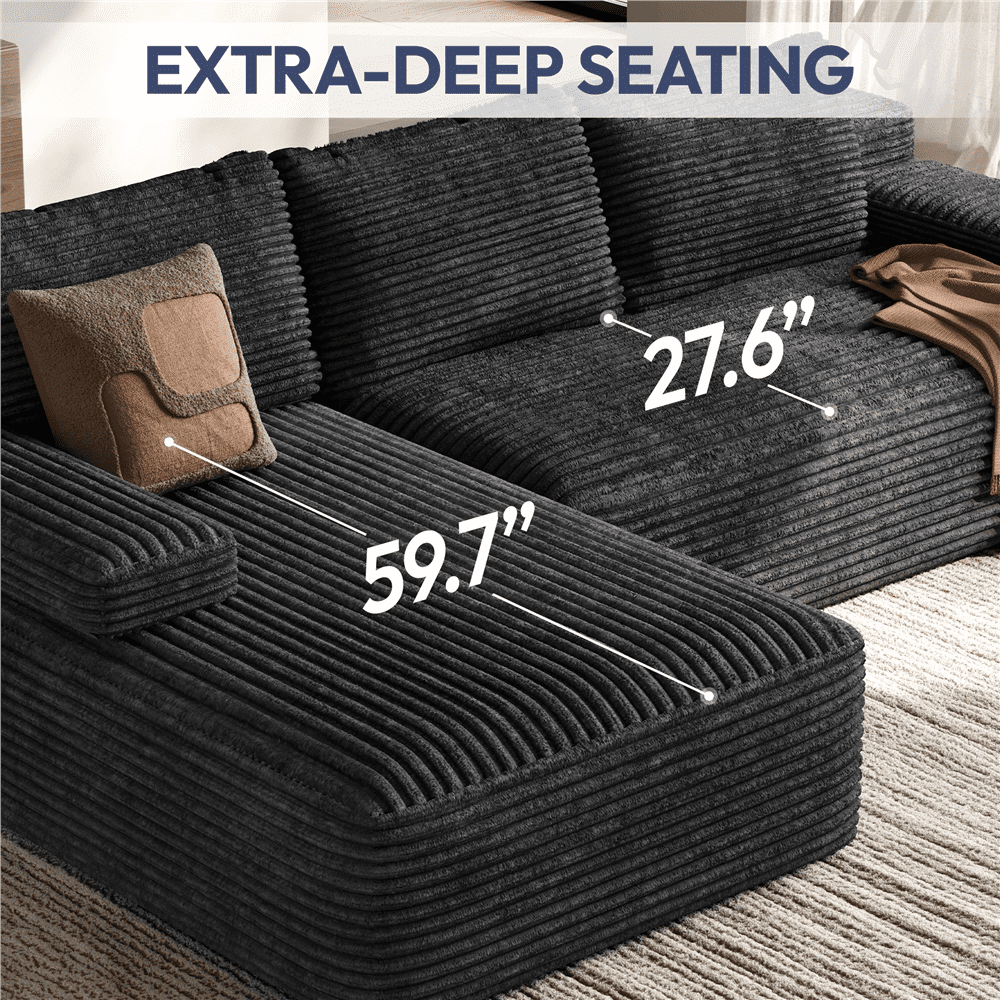 Renwick 110" Free Assembly L-Shaped Cloud Couch, Corduroy Sectional Sofa with 2 Armrests & 3 Detachable Pillows for Livingroom, Dark Gray