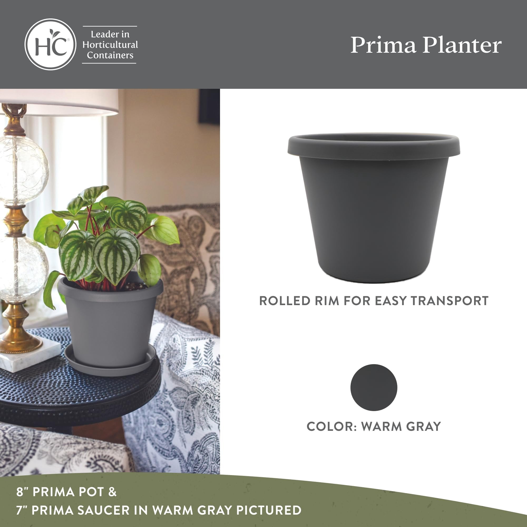 The HC Companies 16 Inch Round Prima Planter - Plastic Plant Pot with Rolled Rim for Indoor Outdoor Plants Flowers Herbs, Warm Gray Pack of 2