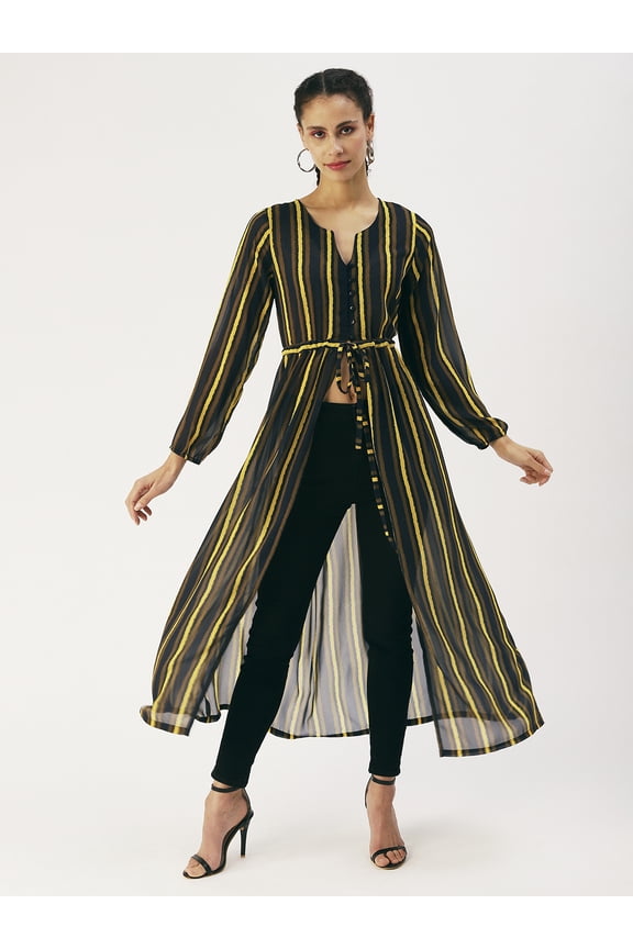 Women’s Printed Poly Georgette Top Long Sleeves with Elasticated Cuffs Round Neck Front Open Slit with Tie-up Strings Casual Long Top