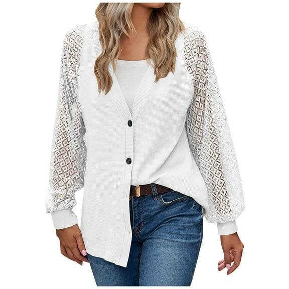 Womens Cardigan Eyelet See Through Long Sleeve Button down V Neck Cardigans for Women Loose Fitting Solid Outwear (X-Large, White)