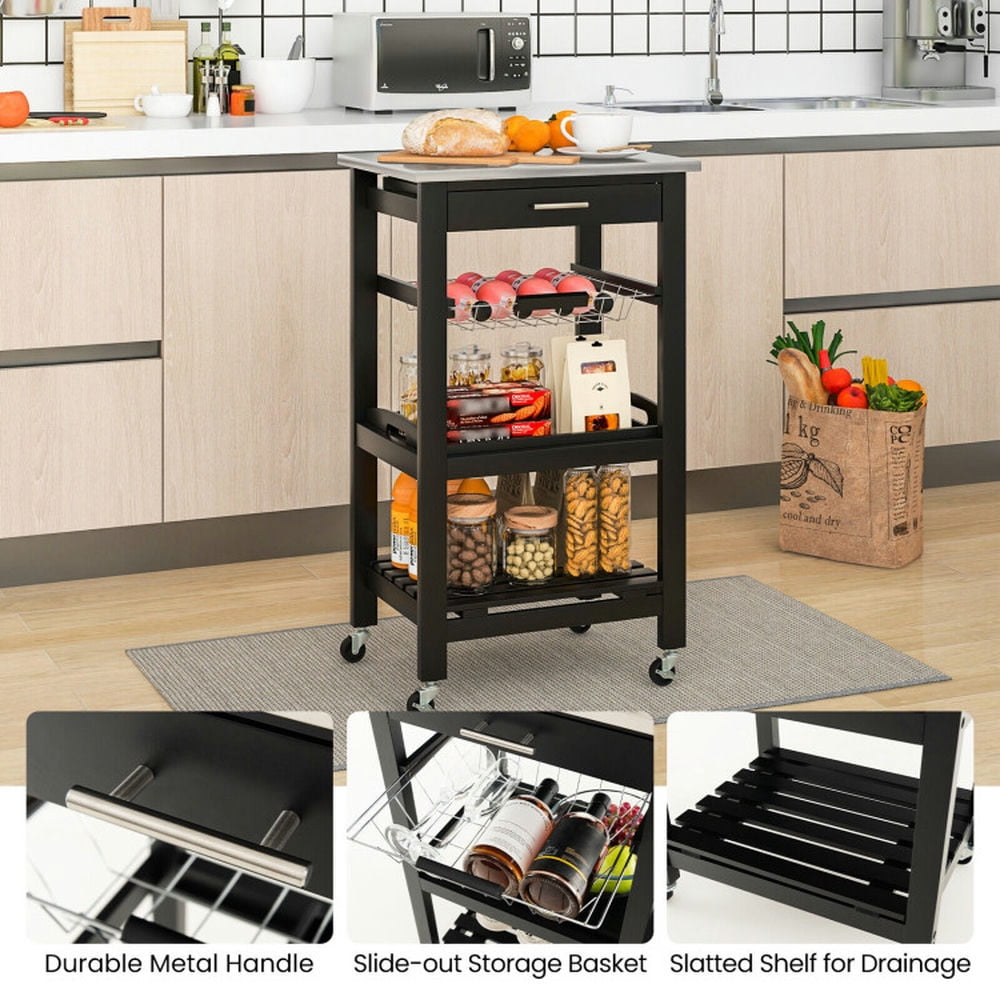 Finihen Rolling Cart, Kitchen Island Cart, Kitchen Island Cart with Stainless Steel Tabletop and Basket, for Kitchen, Dining Room, Black