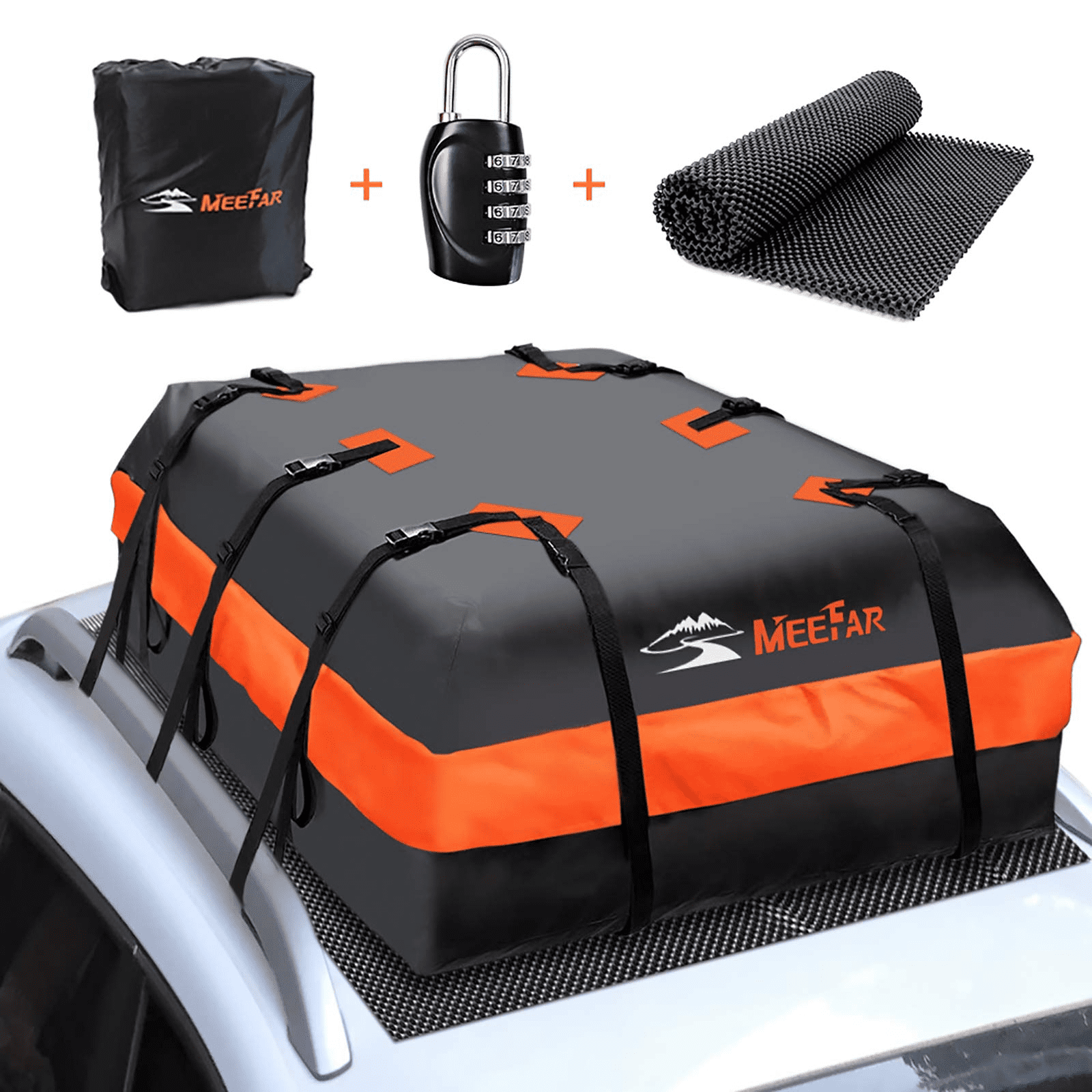 6 Door Hooks Rooftop Cargo Carrier Bag 21 Cubic Ft Waterproof Car Top Roof Luggage Bag for All Vehicles SUV with/Without Racks，Include Anti-Slip Mat Storage Bag 