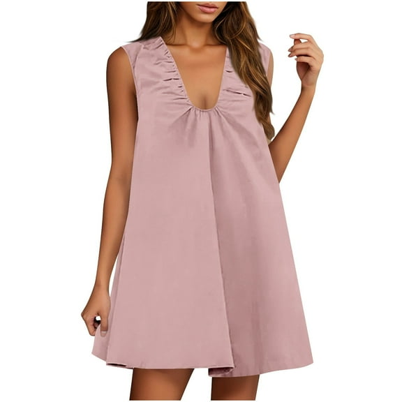 A Line Dresses for Women New Women's Cute Mini Dress Sleeveless V Neck Ruched Tank Casual Summer Party Dress with Side Pockets Pinky M