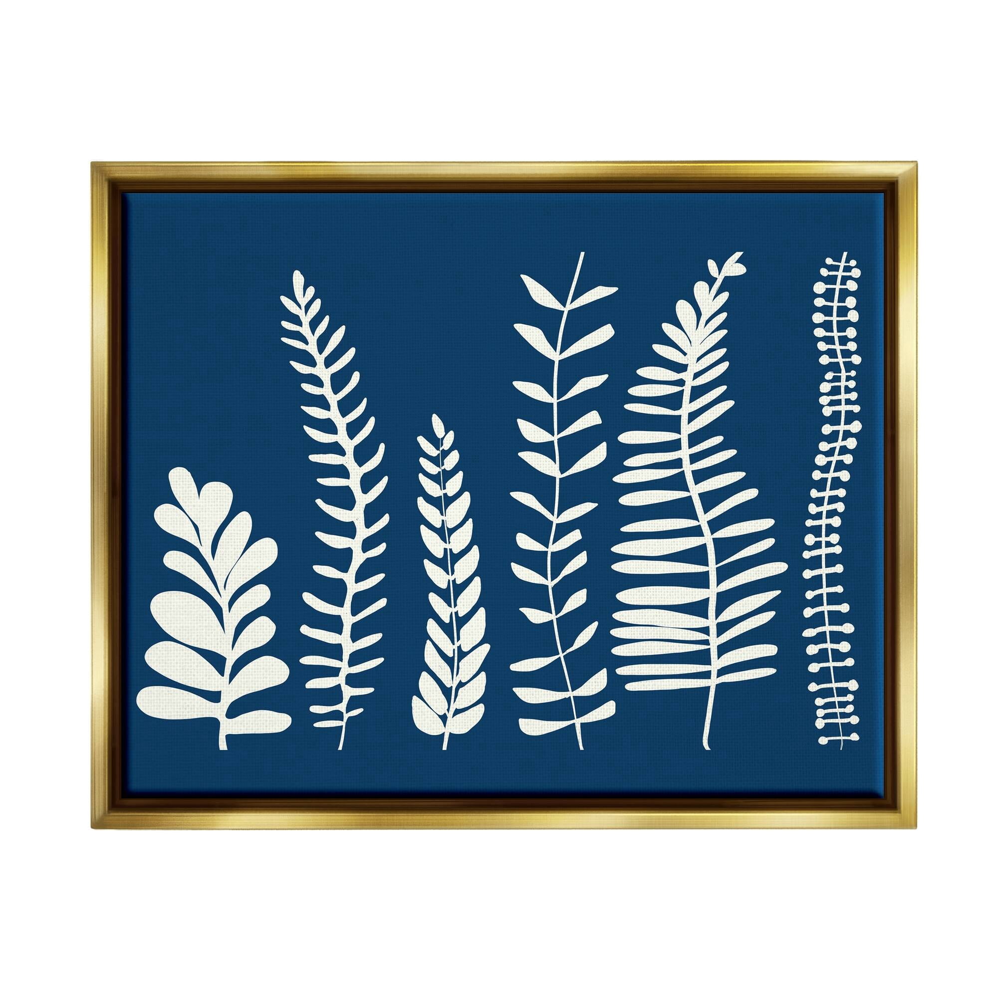 Stupell Industries Modern Fern Plant Leaves Blue Nature Silhouettes Graphic Art Metallic Gold Floating Framed Canvas Print Wall Art, Design by Deborah Velasquez