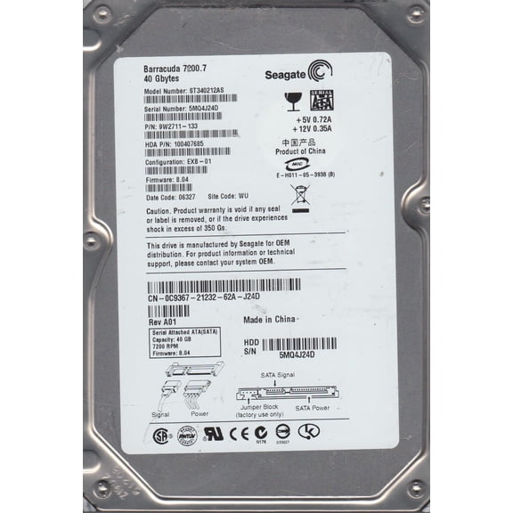 ST340212AS, 5MQ, WU, PN 9W2711-133, FW 8.04, Seagate 40GB SATA 3.5 Hard Drive