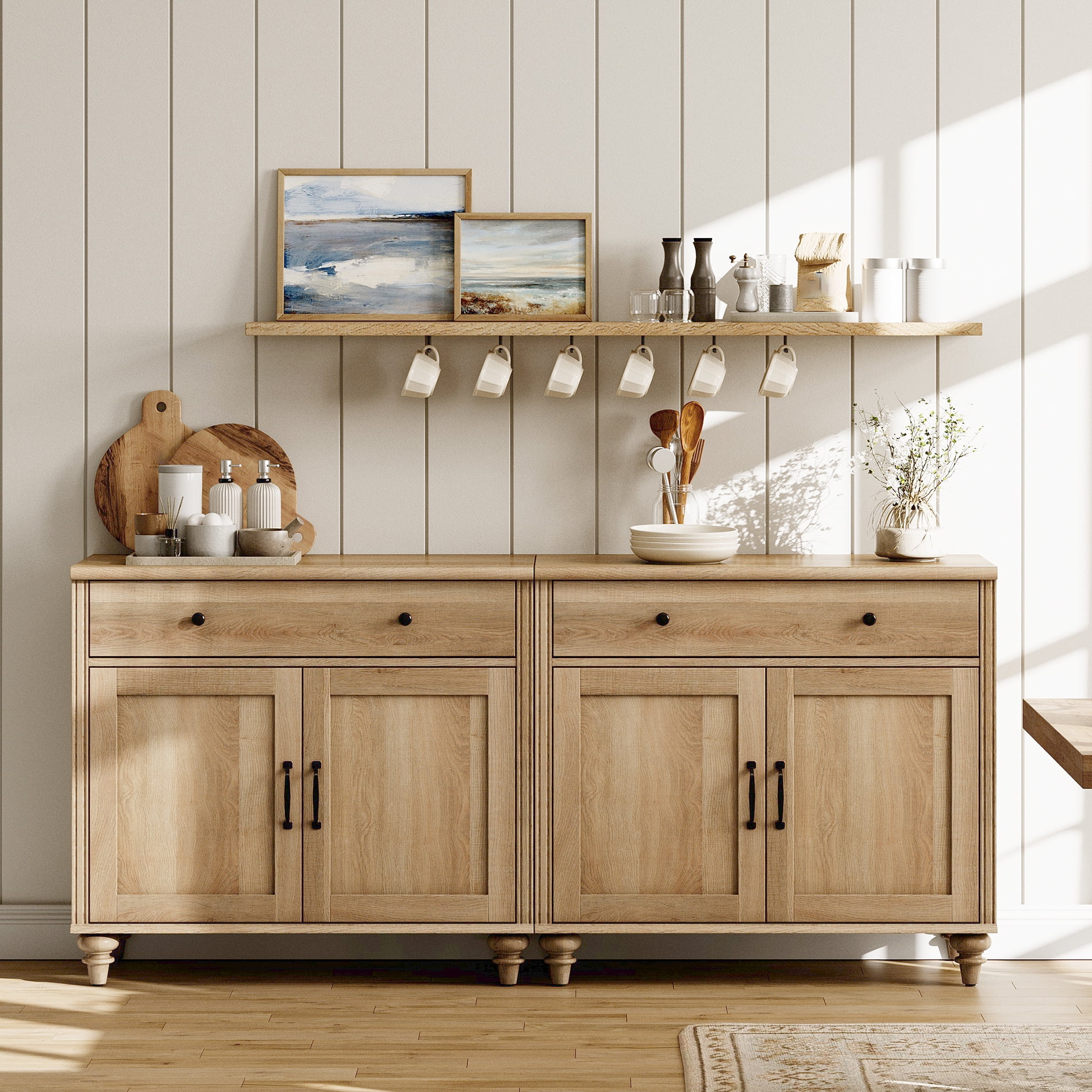 Credenzas & Sideboards with 4 Doors and 2 Drawers, Large Buffet Cabinet Wood Kitchen Storage Cabinets, Modern Farmhouse Sideboard Credenza for Dining Room, Oak, 68 inch
