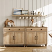 Farmhouse Sideboards Cabinet with 4 Doors and 2 Drawers, Large Buffet Cabinet Wood Kitchen Storage Cabinets, Modern Sideboard Credenza for Dining Room, Oak, 68"