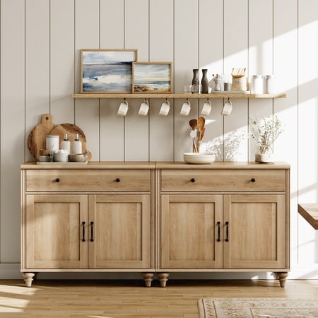 Farmhouse Sideboards Cabinet with 4 Doors and 2 Drawers, Large Buffet Cabinet Wood Kitchen Storage Cabinets, Modern Sideboard Credenza for Dining Room, Oak, 68"