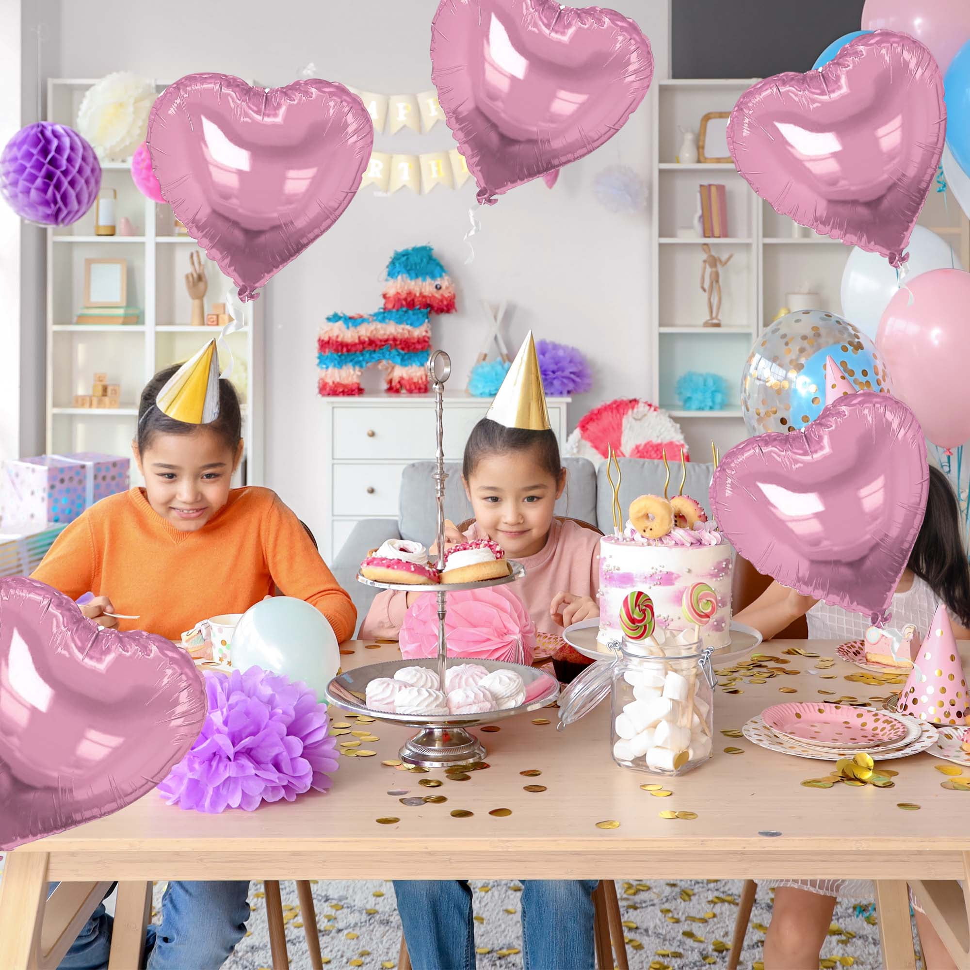 Unique Bargains 10Pcs Helium Balloons with Ribbon Heart Pattern Pink