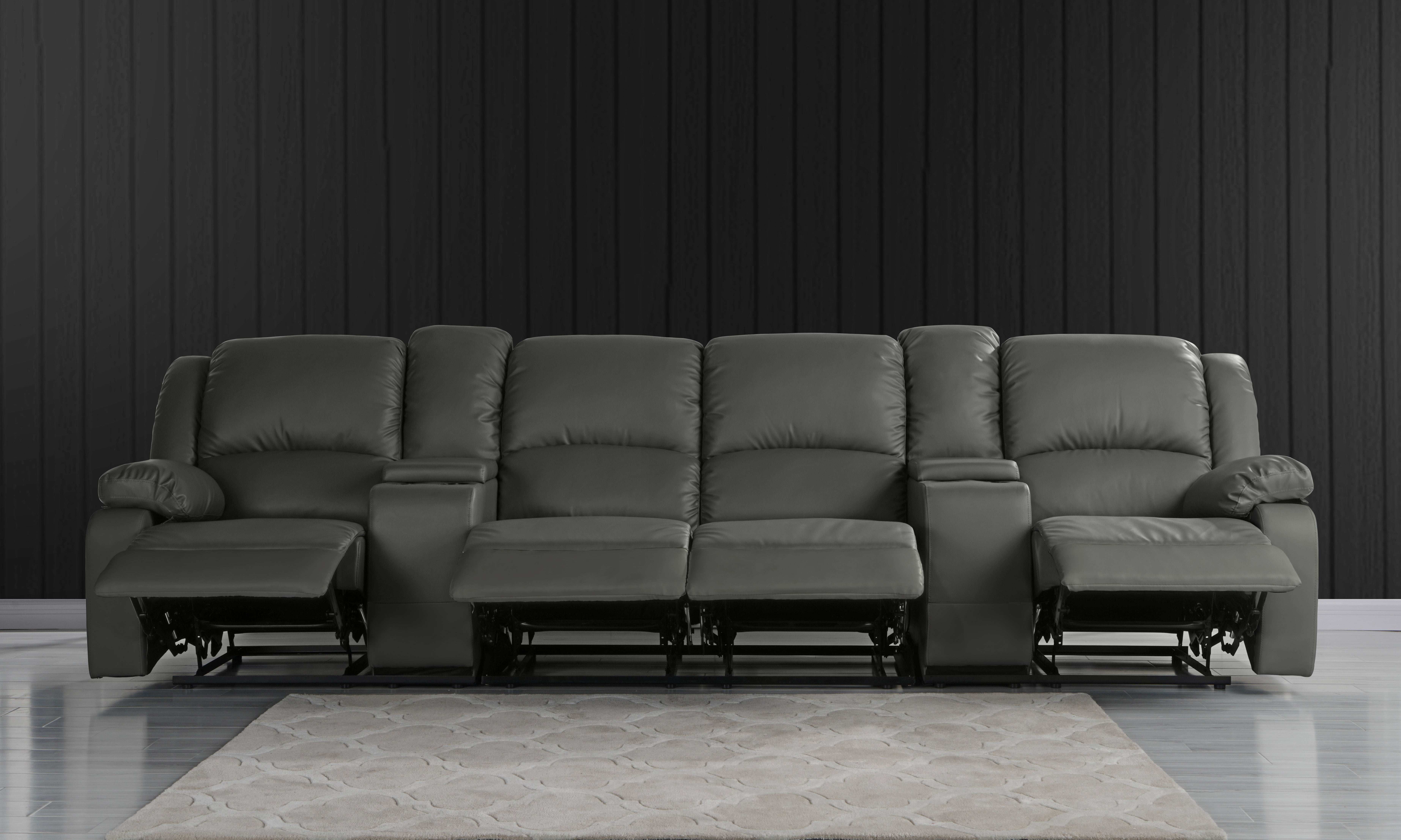 Home Theater 4 Seat Recliner Sofa With, Grey Reclining Sofa With Cup Holders