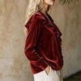 thumbnail image 4 of ClodeEU Women V Neck Ruffle Trim Long Sleeve Velvet Blouse,Casual Elegant Loose Dressy Shirt Wine,Women's Plus S, 4 of 6