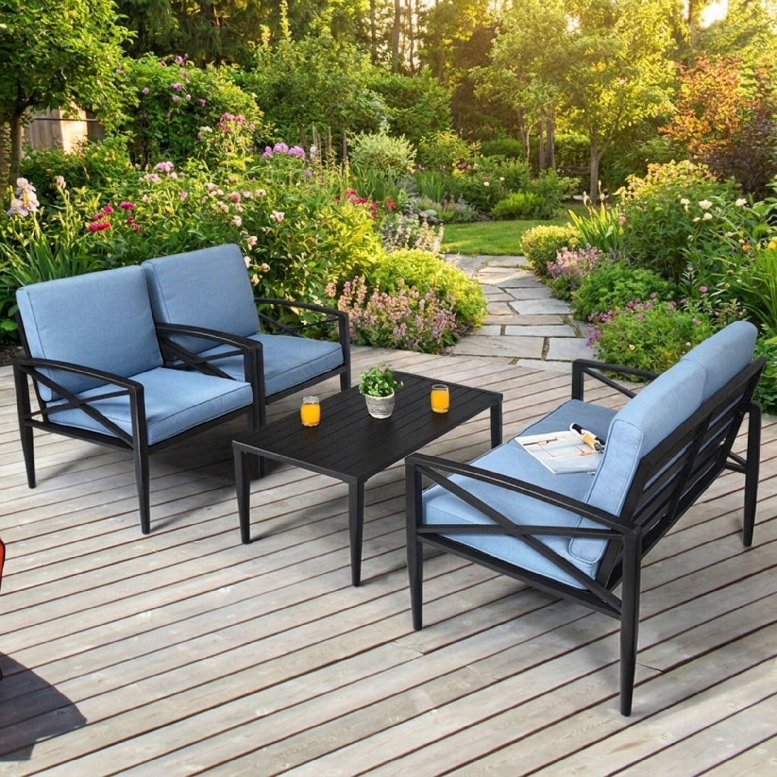 Biotree 4 Piece Patio Furniture Set aluminum frame cushioned sofa outdoor conversation set with side table for garden backyard and porch