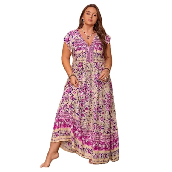 Women's Plus Size Printed V Neck Cap Sleeve Maxi Dress 100% viscose Tied Ruched Look All Day Comfort Machine Wash Cold