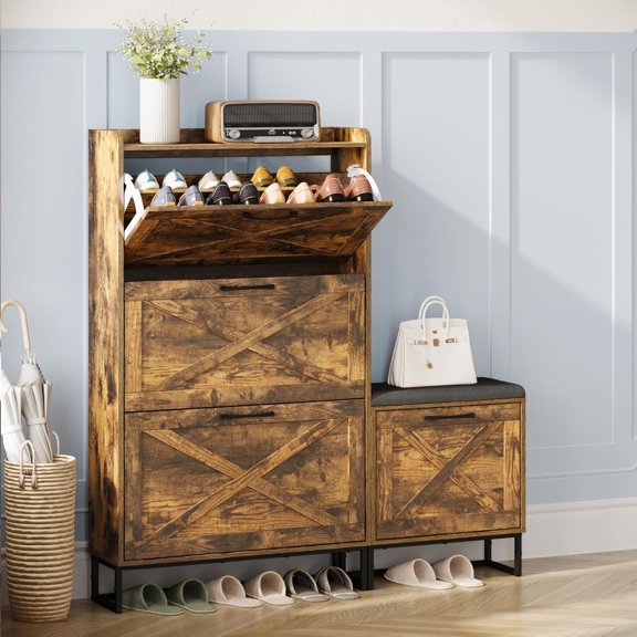 Studyset Farmhouse Shoe Cabinet with 4Drawers, Shoe Storage Cabinet w/Bench for Entryway, Narrow Hidden Shoe Organizer with Upholstered Seat & Metal Legs Narrow Shoe Cabinet 4Freestanding 53" H Sho