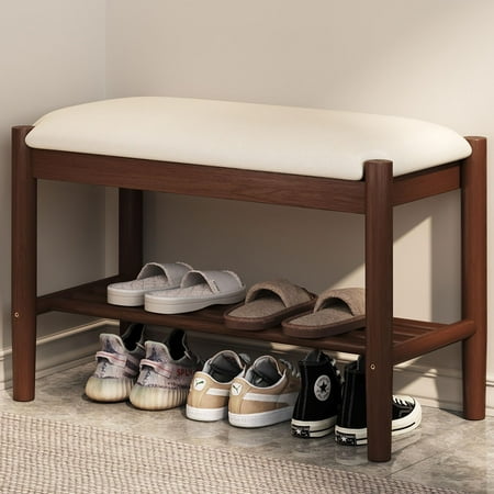 Solid Wood Shoe Bench with Cushion, 2-Tier Shoe Rack for Front Door Entrance, Enterway Benches with Shoe Storage (Walnut, 23.6in)