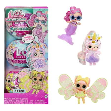 LOL Surprise Tots Just Add Water 3-Pack with 3 Make-Your-Own Fantasy Dolls, Mermaid, Fairy, and Unicorn, Kids Gift Ages 4 