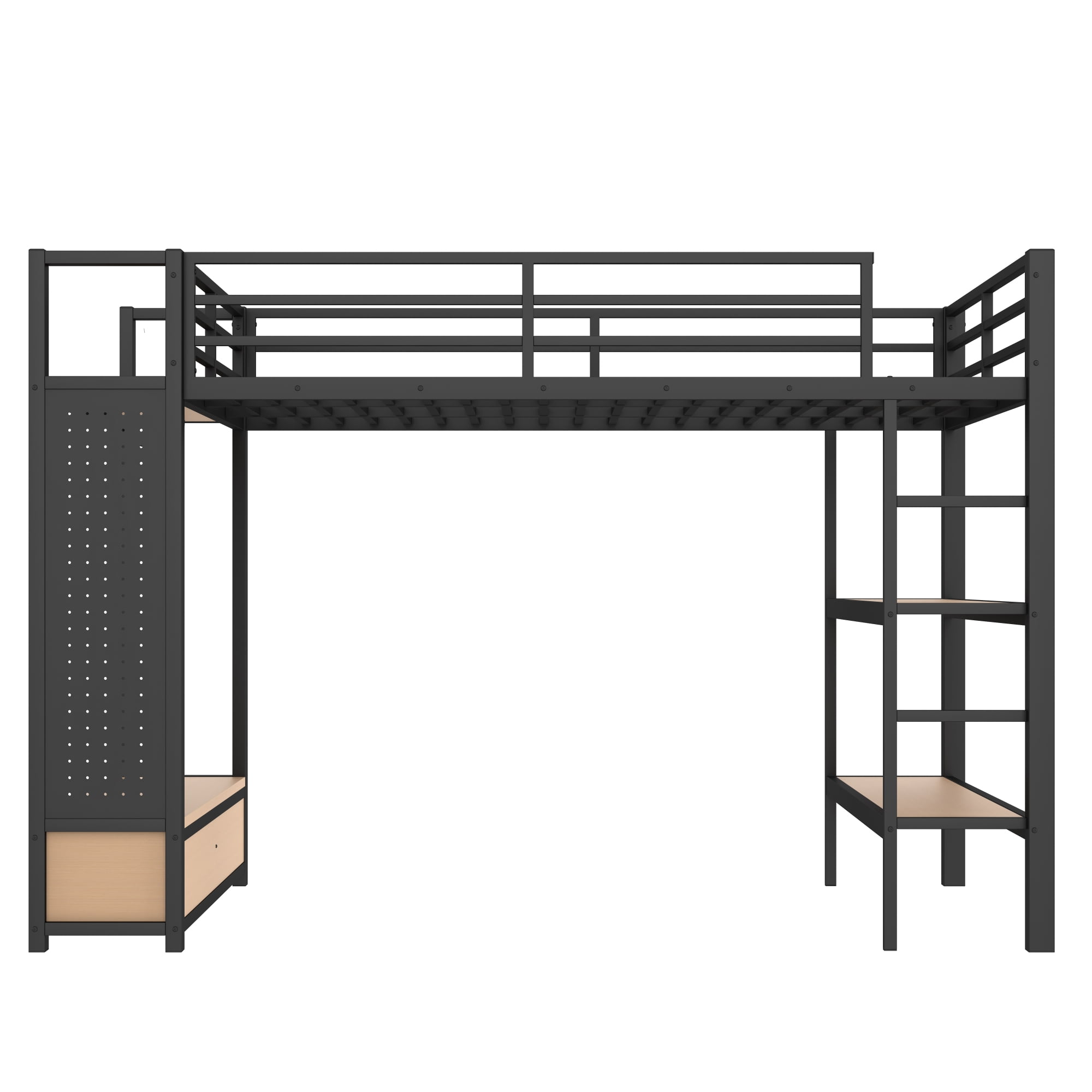 Leumius Queen Size Loft Bed with Built-in Wardrobe,Heavy Duty Metal Loft Bed with Storage Shelves and Pegboard,Space-Saving,Black