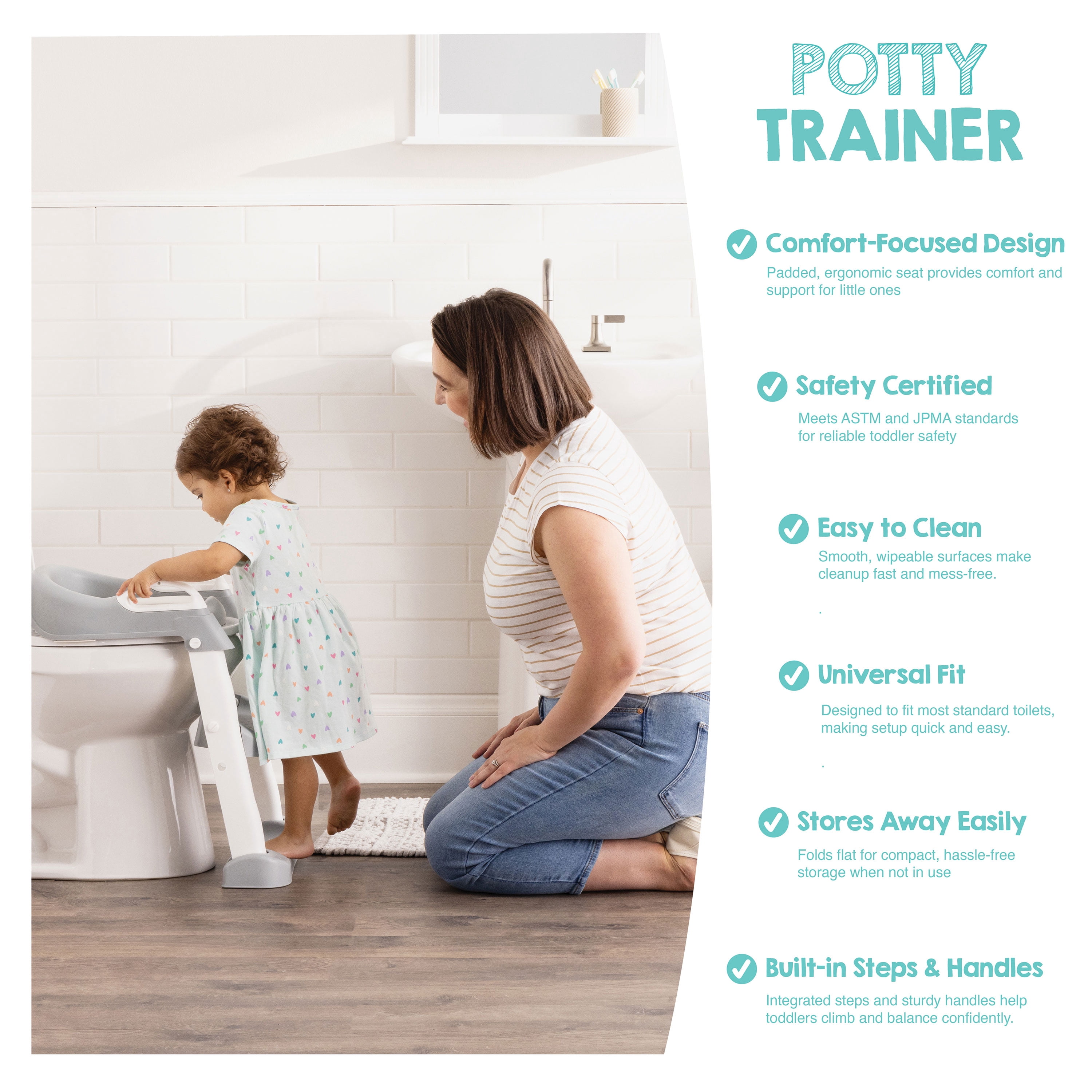 Regalo Toddler Potty Trainer Seat with Steps & Handles, Padded Contoured Seat, White/Gray, Ages 2–5