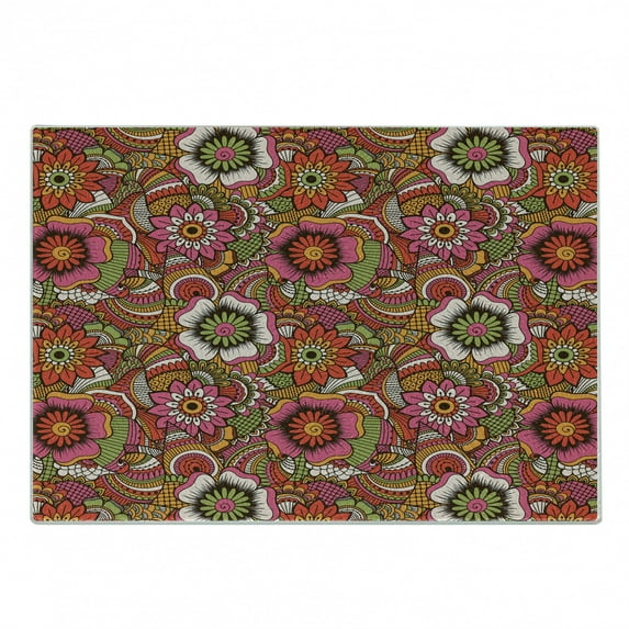 Ethnic Cutting Board, Oriental Style Botanical Flourishing Nature Pattern Motley Art Spring Theme, Decorative Tempered Glass Cutting and Serving Board, Small Size, Multicolor, by Ambesonne