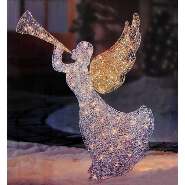 46&quot; Lighted Glitter Sequin 3-D Angel with Trumpet Christmas Yard Art