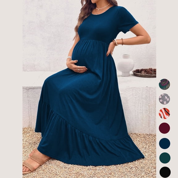 Beaisland Women’s Maternity Dress Short Sleeve Pleated Flowing Pregnancy Beach Dresses