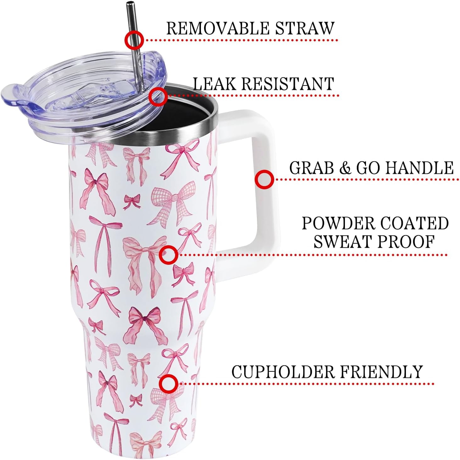 Christmas Pink Bows Tumbler with Handle and Straw Lid 40 oz,Cute Merry Xmas Gifts for Women Vacuum Insulated Leak Proof Tumbler,Winter Holiday Accessories Stainless Steel Coffee Cup Mug
