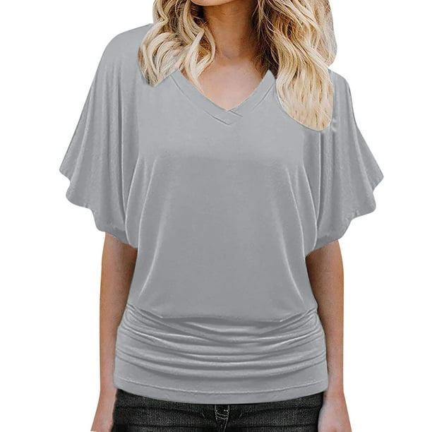 Heliisoer Womens Tops, Summer Clearance Fashion Casual Women Solid Short  Sleeve Batwing Sleeve Blouse V-Neck Loose Tops 