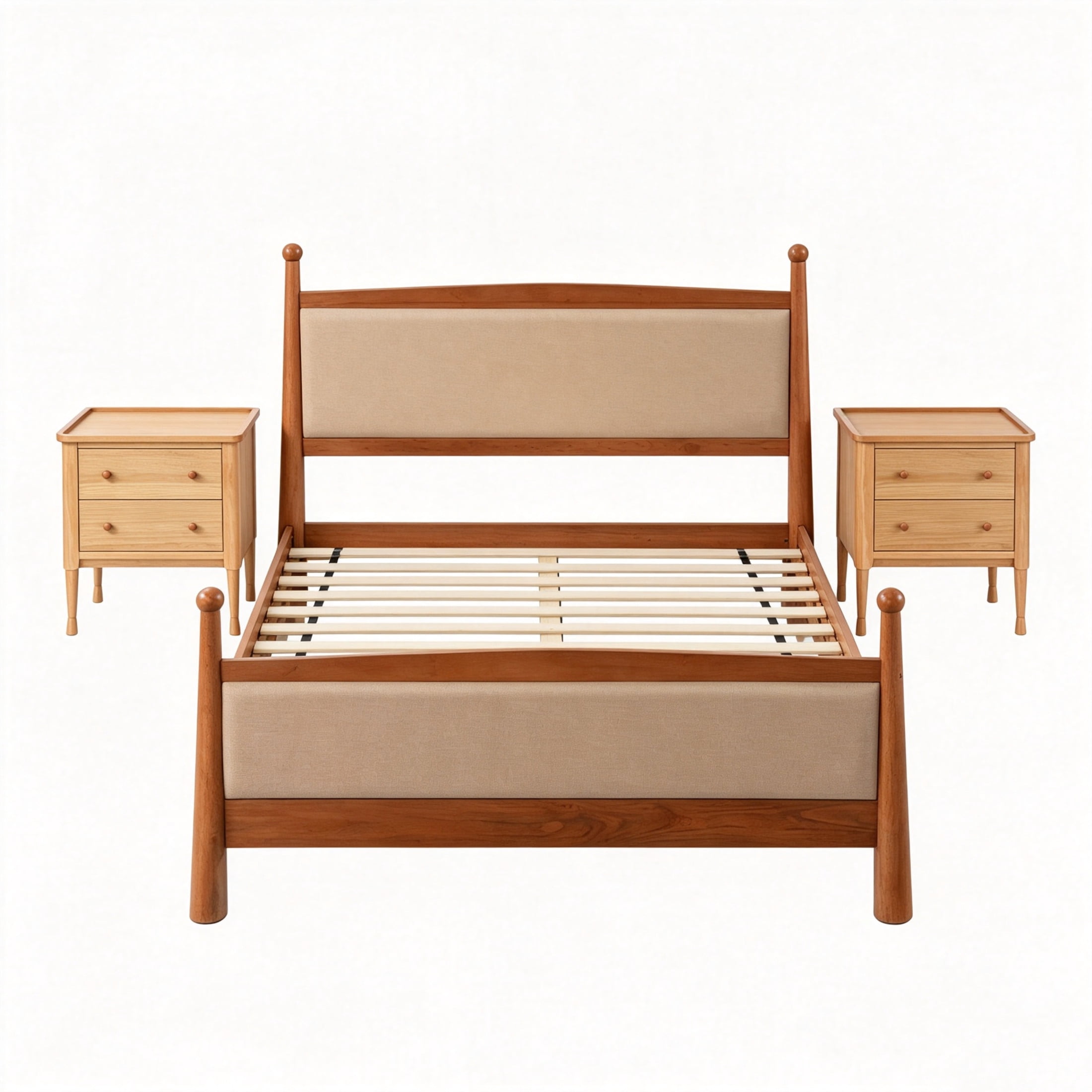 Christopher Knight Home Vintage Bedroom Set, Queen Upholstered Bed with 2 Nightstands, Cherry+Natural