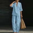 thumbnail image 5 of Domzest Linen Sets for Women V Neck Short Sleeve Shirt Matching Wide Leg Pants Summer Lounge Set Vacation Outfits Pocket Light Blue S, 5 of 6