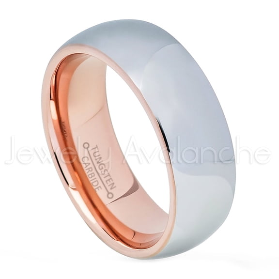 2-Tone Dome Tungsten Ring - 8mm Polished Finish Rose Gold Plated Inner Comfort Fit Tungsten Carbide Anniversary Ring - TN740Ns9