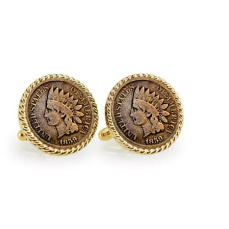 American Coin Treasures 1859 First-Year-of-Issue Indian Head Penny Goldtone Rope Bezel Cuff Links